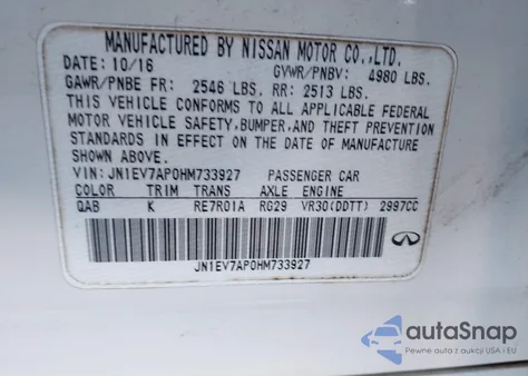 2017 Infiniti Q50 3.0T Premium z USA, uszkodzony, nr VIN JN1EV7AP0HM733927